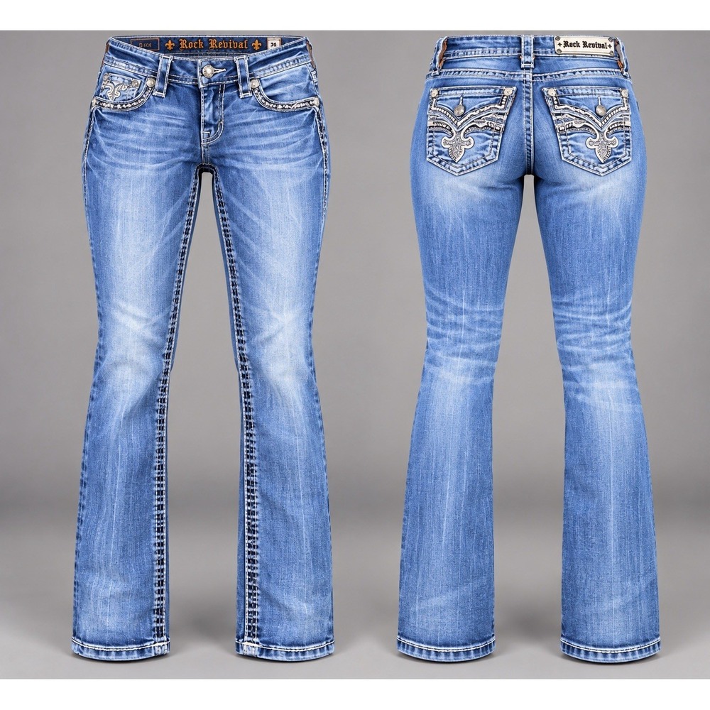 Rock Revival Jeans Womens 27x30 leni skinny thick stitch whiskering rhinestones